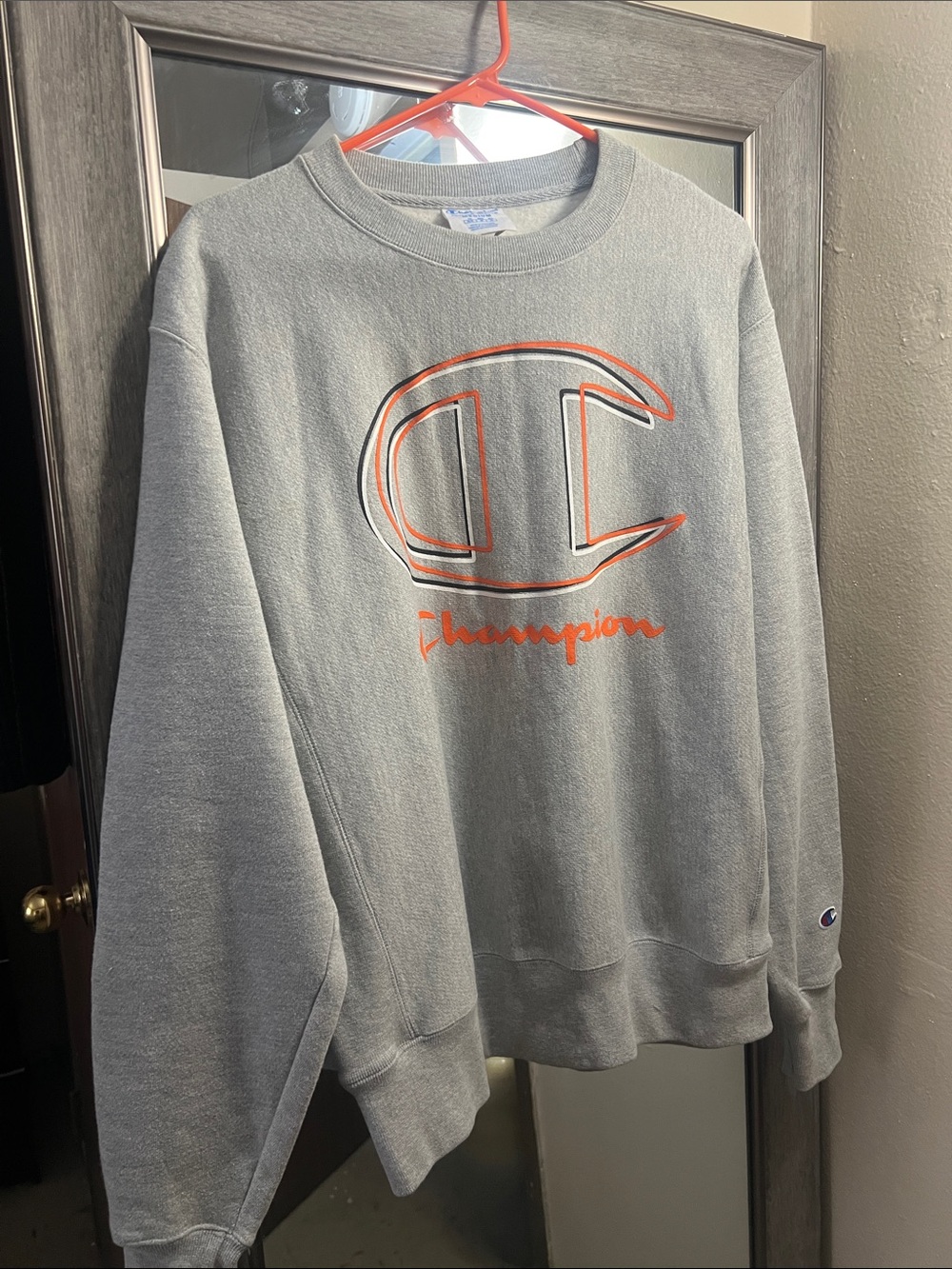 Champion Grey Crewneck Sweatshirt with Orange Logo